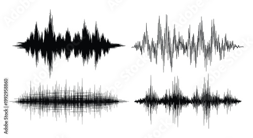 Abstract black sound wave forms representing audio frequency visualization for modern digital music technology applications.