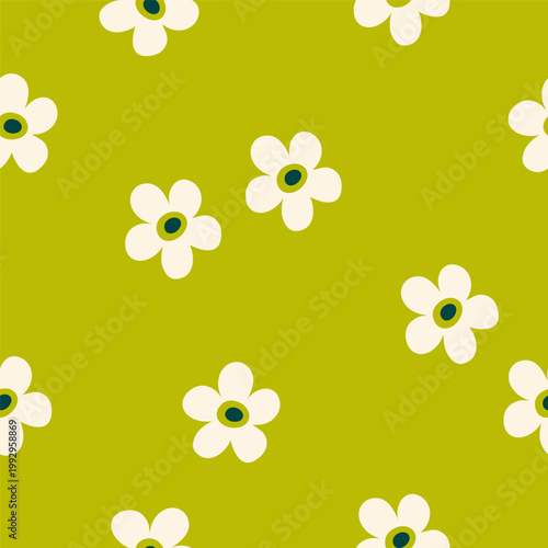 Playful seamless pattern with white flowers on a bright green background. Hand drawn vector illustration for textiles, packaging, wallpapers and surface design.