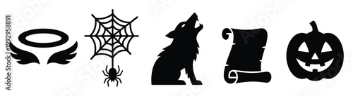 Collection of mystical and spooky symbols including angel wings spider wolf scroll and jackolantern icons for supernatural Halloween graphic designs