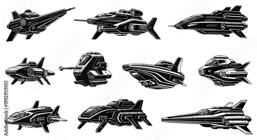 Set of ten black and white vector illustrations featuring various futuristic spaceships, starfighters, and galactic transport vessels in a retro science fiction comic book style.