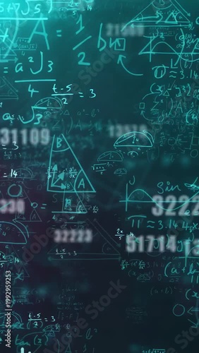 Vertical video: Camera pulling back, diagrams glowing and drifting, numbers scrolling showing math