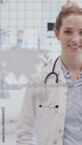 Vertical video: Doctor turning and sharing health data after pan, dot map or code near stethoscope