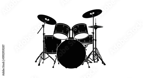 Black and white silhouette vector illustration of a professional acoustic drum kit featuring a kick drum, snare, two rack toms, floor tom, hi-hat, and two cymbals on metal stands.