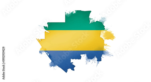 Vector silhouette map of Gabon featuring the national flag colors of green, yellow, and blue in a watercolor painting style with artistic paint splashes isolated on white background.