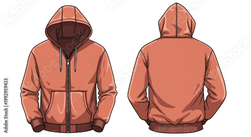 Technical apparel illustration showing front and back views of a salmon zip-up hooded sweatshirt with kangaroo pockets, drawstring, and ribbed cuffs on white background.