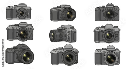 Collection of nine detailed digital SLR and mirrorless camera illustrations isolated on white background, showing front and side views with realistic glass lenses, buttons, and dials.