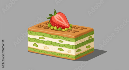 Rectangular slice of layered matcha green tea biscuit cake with cream filling, topped with a fresh halved strawberry and green pistachio pieces on a neutral grey background.