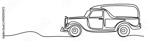 Elegant continuous line drawing of a classic pickup truck featuring a rear canopy, ideal for evoking a sense of heritage and simple road trips in various graphic compositions.