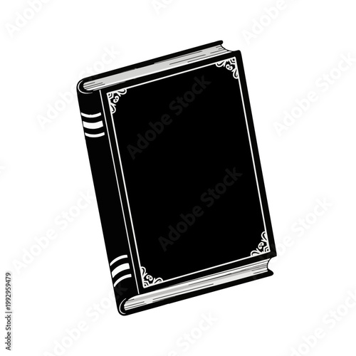 Black and white vector graphic of a vintage hardcover book featuring ornate white scrollwork on corners and spine, isolated on white background, suitable for library themes.