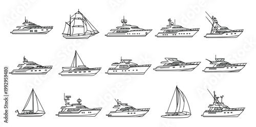 Line art depictions of diverse boats and luxury yachts perfect for maritime transportation brochures and nautical themed publications