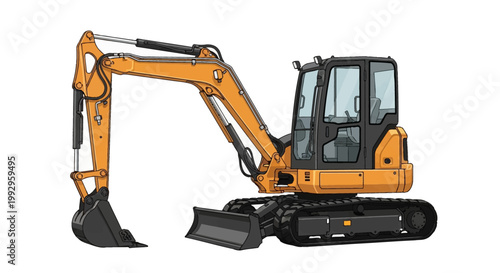 Detailed vector illustration of an orange mini excavator featuring a front dozer blade, hydraulic digging arm with bucket, enclosed black cabin, and crawler tracks, isolated on white background.