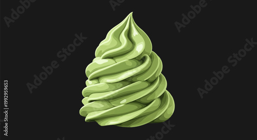 Vector illustration of a thick swirl of light green matcha green tea cream, whipped topping, or soft serve ice cream with glossy highlights isolated on a solid black background.