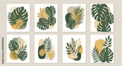 Set of eight botanical wall art posters with minimalist tropical leaf illustrations including monstera deliciosa and palm fronds combined with abstract organic shapes in green and ochre tones.