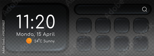 Transparent glassmorphism interface elements featuring sleek glass panels, rounded buttons, vibrant blue gradients and frosted blur effects for contemporary web design.