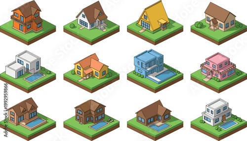 Isometric houses vector set in flat style, modern residential buildings collection with villas, cottages and suburban homes for real estate design