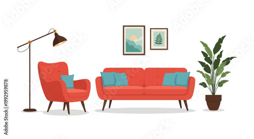 Flat vector illustration of a modern living room furniture set featuring a red sofa and armchair with teal cushions, a floor lamp, framed wall art prints, and a potted plant on white.