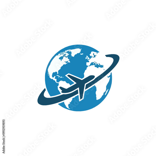 Vector illustration of a blue globe icon showing world continents with a dark blue airplane silhouette flying in a circular orbital path around the planet on white background.