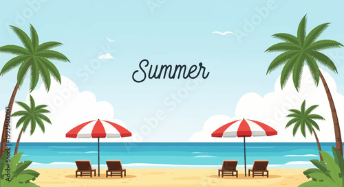 Flat vector illustration of a tropical beach landscape featuring four palm trees, two red and white striped beach umbrellas, four wooden lounge chairs on golden sand, blue sea and sky.