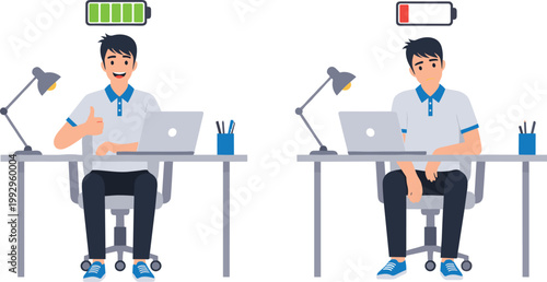 Man working on laptop with full and low battery vector illustration, productivity and fatigue concept with office desk and energy levels comparison