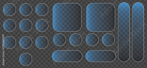 Modern glass morphism UI elements with transparent glossy frames and frosted texture for digital interfaces and mobile app design projects. Vector illustration.