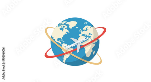 Flat vector illustration of a commercial airplane flying over a terrestrial globe with red and orange orbital paths, representing international travel and global aviation on white background.