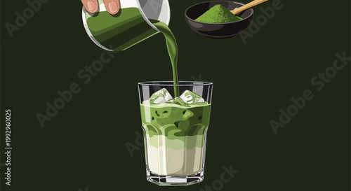 Minimalist vector illustration of matcha tea pouring into a glass filled with milk and ice cubes, featuring a small bowl of green tea powder and a spoon on a dark background.