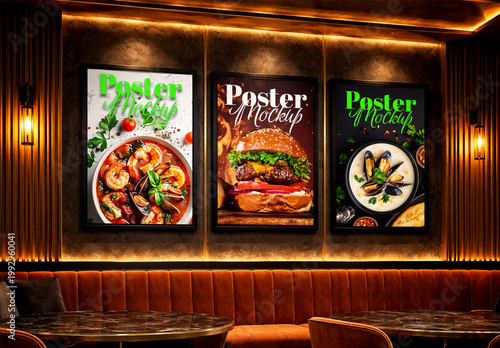 Restaurant Poster Mockup Set on Cozy Interior Wall
