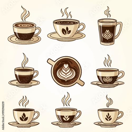 Vector illustration collection of nine steaming coffee and espresso cups with saucers, featuring latte art heart and leaf designs, coffee bean icons, and rising steam wisps.