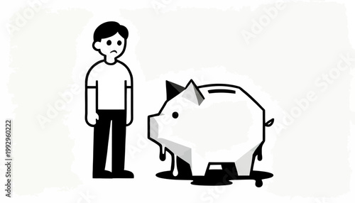 A worried person stands beside a damaged piggy bank leaking money, symbolizing personal financial crisis, escalating debt, and the significant loss of savings