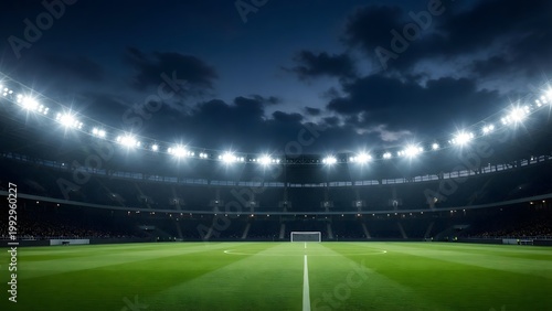 A soccer stadium at night with bright lights shining down on the green field on transparent background