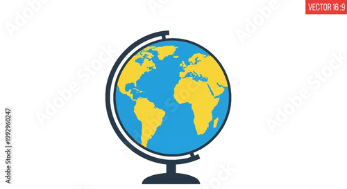 Flat vector illustration of a desk globe model with yellow continents and blue oceans on a dark gray stand, showing the world map with Africa and the Americas on white background.