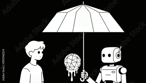 A robot using a polygonal umbrella to protect a melting geometric sphere from a person in a black and white illustration