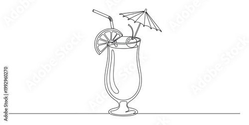 Continuous line drawing of a refreshing tropical cocktail drink with lemon, cherry, straw, and umbrella for summer vacation marketing