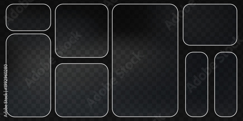 Sleek transparent UI elements with frosted blur effect, featuring rectangles, circles, and rounded shapes for contemporary digital interfaces and mobile applications. Vector illustration.