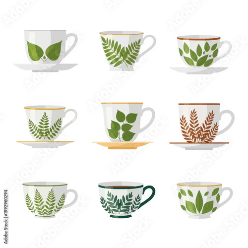 Collection of nine vector illustrations featuring white ceramic tea cups and coffee mugs decorated with various green leaf patterns and botanical motifs isolated on white.