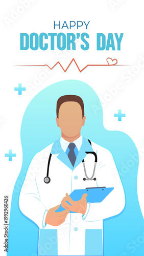 Happy Doctor's Day greeting card with faceless male physician holding a clipboard, flat vector illustration.