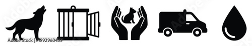 Animal welfare icons for pet rescue, wildlife protection, veterinary services, and compassionate care outreach