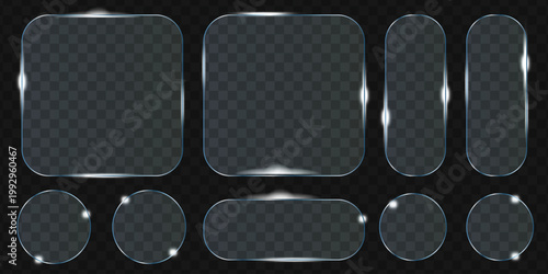 Modern glass morphism UI frames with frosted transparency effect, perfect for digital interface design, app mockups, and contemporary web layouts with glossy aesthetic.