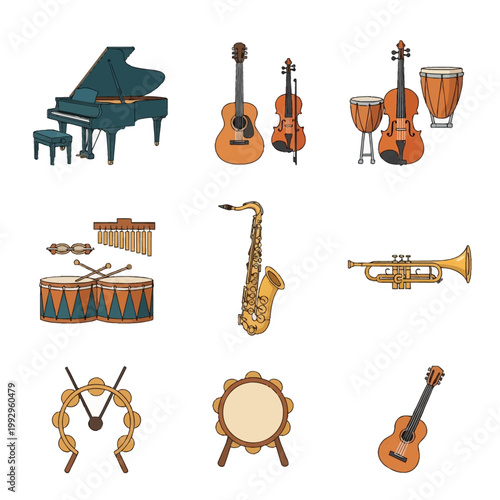 Collection of musical instrument icons including a grand piano, acoustic guitar, violin, saxophone, trumpet, cello, congas, timpani, chimes, and tambourine in a flat vector style.