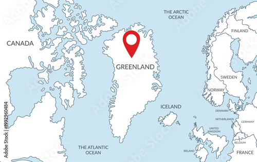 Greenland location on the world map with pin location marker5. Vector flat template.