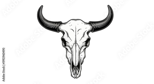 Front view illustration of a buffalo skull with large curved horns isolated on white background. Detailed black and white vector art of a desert bull skeleton head and cow cranium.