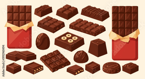 Set of chocolate confectionery illustrations including dark bars in red wrappers, nut-filled blocks, drizzled truffles, and individual pralines on a light cream background.