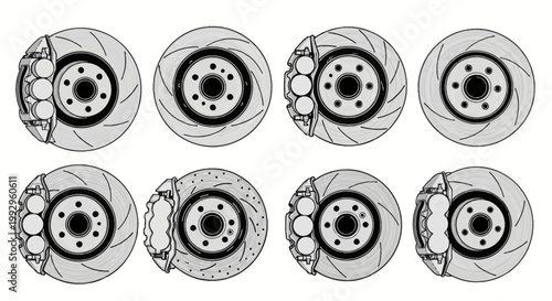 Set of vector illustrations featuring car brake disc rotors and multi-piston calipers with slotted and drilled performance designs in a black and white technical line art style.