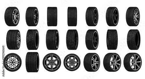 Diverse collection of car tires and wheels isolated on white background, featuring multiple tread patterns, alloy rim designs, and perspective angles for automotive service.