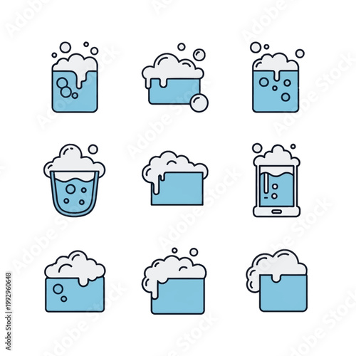 Set of nine stylized line icons featuring blue liquid with white soap foam and bubbles in various containers like glasses and rectangular shapes isolated on a white background.