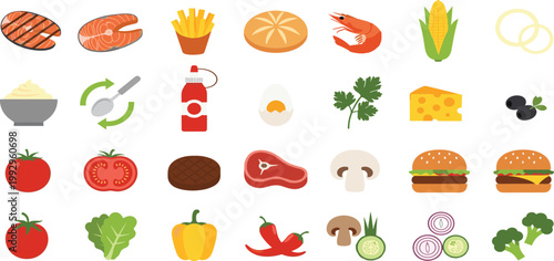 Vector Set of Various Food Icons, Including Shrimp, Vegetables, Cheese, Burger, and Condiments for Cooking, Meal Prep, and Restaurant Designs