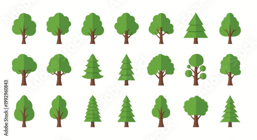Large set of twenty-one green tree icons in flat design style isolated on white background, including deciduous species and coniferous evergreens like pine, spruce, and fir.
