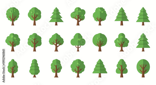 Collection of twenty-one flat design green tree icons isolated on white background. Diverse geometric shapes including coniferous and deciduous species with simple brown trunks and shading.