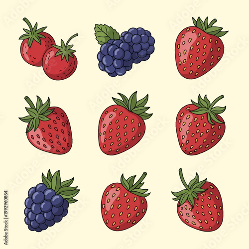 Collection of hand drawn vector berry illustrations featuring ripe red strawberries and dark purple blackberries with green leaves on a cream background, doodle style fruit set.