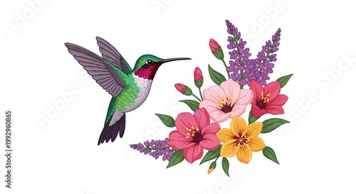 Vector illustration of a green hummingbird with a red throat hovering near a colorful floral bouquet featuring pink, yellow, and purple flowers with green leaves on a white background.